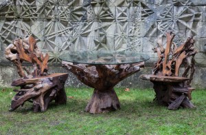 Root table with glass top and chairs at The Sculpture Park