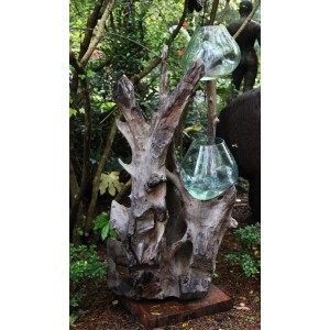Teak Root Sculpture with Two Molten Glass Vases at The Sculpture Park