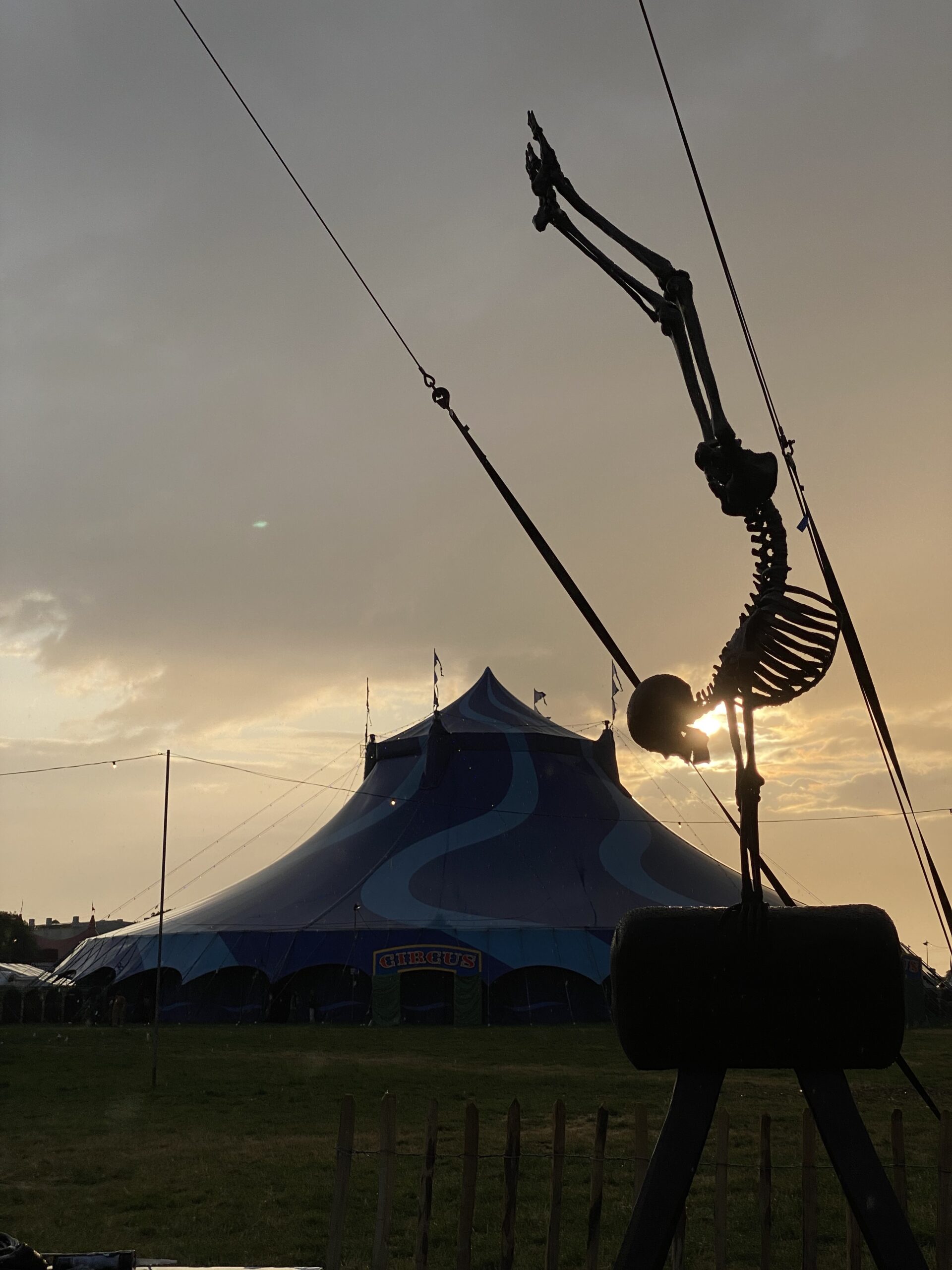 Backflip Skeleton Sculpture by Wilfred Pritchard from The Sculpture Park at Glastonbury, at dusk