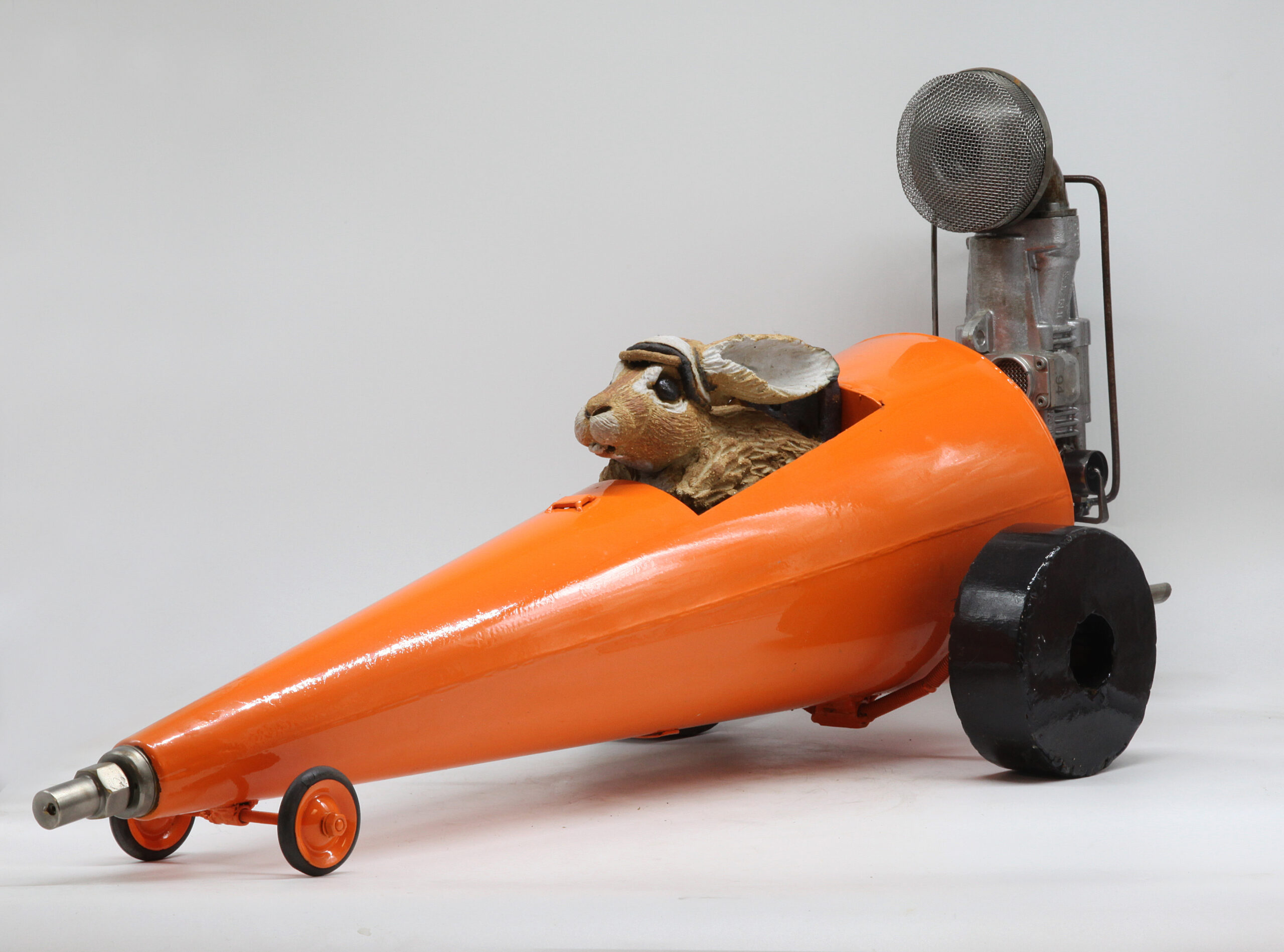 Hare in a racing car sculpture